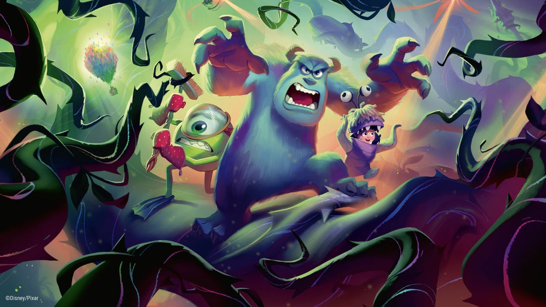 Disney Lorcana arte oficial del set Attack of the Vine con Sulley Mike y Boo