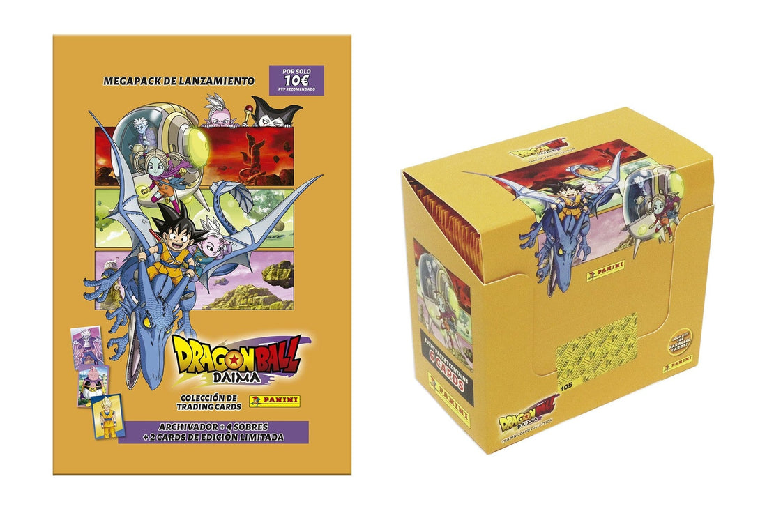 Megapack de Lanzamiento Dragon Ball Daima de Panini y caja de 50 sobres de la colección de trading cards