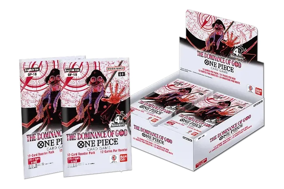Sobres y display en inglés de One Piece OP-18 The Dominance of God, el set de One Piece Card Game del 20 de noviembre de 2026