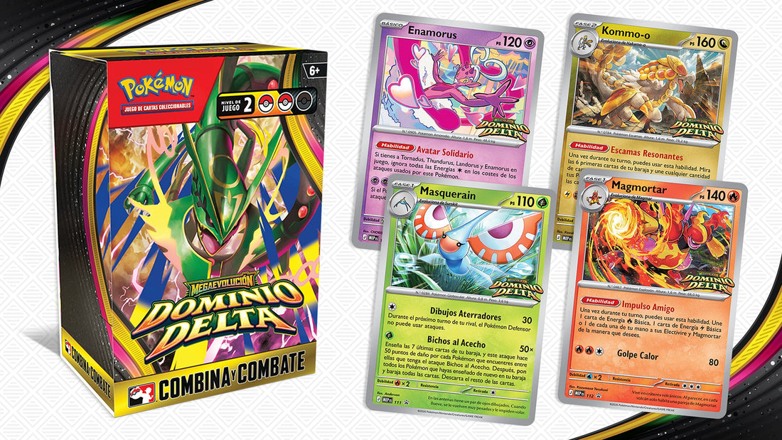 Caja de Combina y Combate del Prelanzamiento de Megaevolución-Dominio Delta con las cuatro cartas promocionales en español