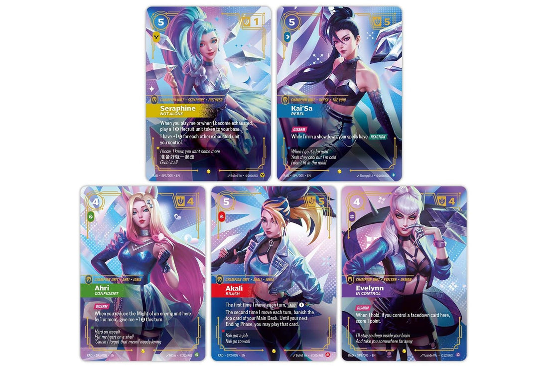 Cartas de Riftbound Radiance: las cinco Special de K/DA con Seraphine, Kai'Sa, Ahri, Akali y Evelynn