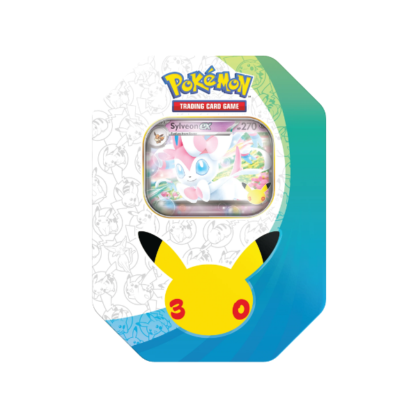 Lata ex Tin de Sylveon ex del 30 aniversario de Pokémon, con 4 sobres de 30th Celebration
