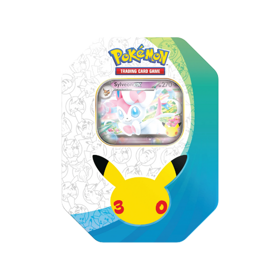 Lata ex Tin de Sylveon ex del 30 aniversario de Pokémon, con 4 sobres de 30th Celebration