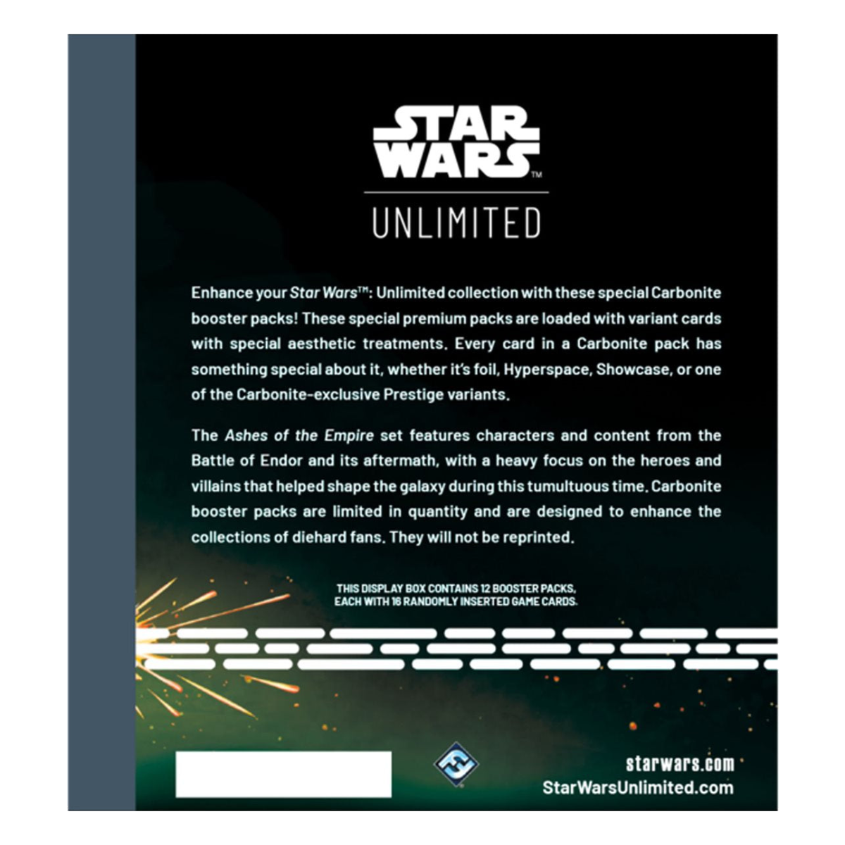 Parte trasera de la display Carbonite de Ashes of the Empire: 12 sobres de 16 cartas