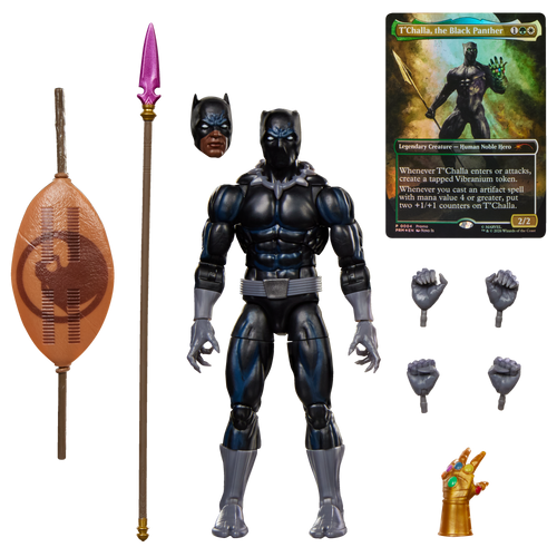 Figura Black Panther Marvel Legends con sus accesorios y la caja