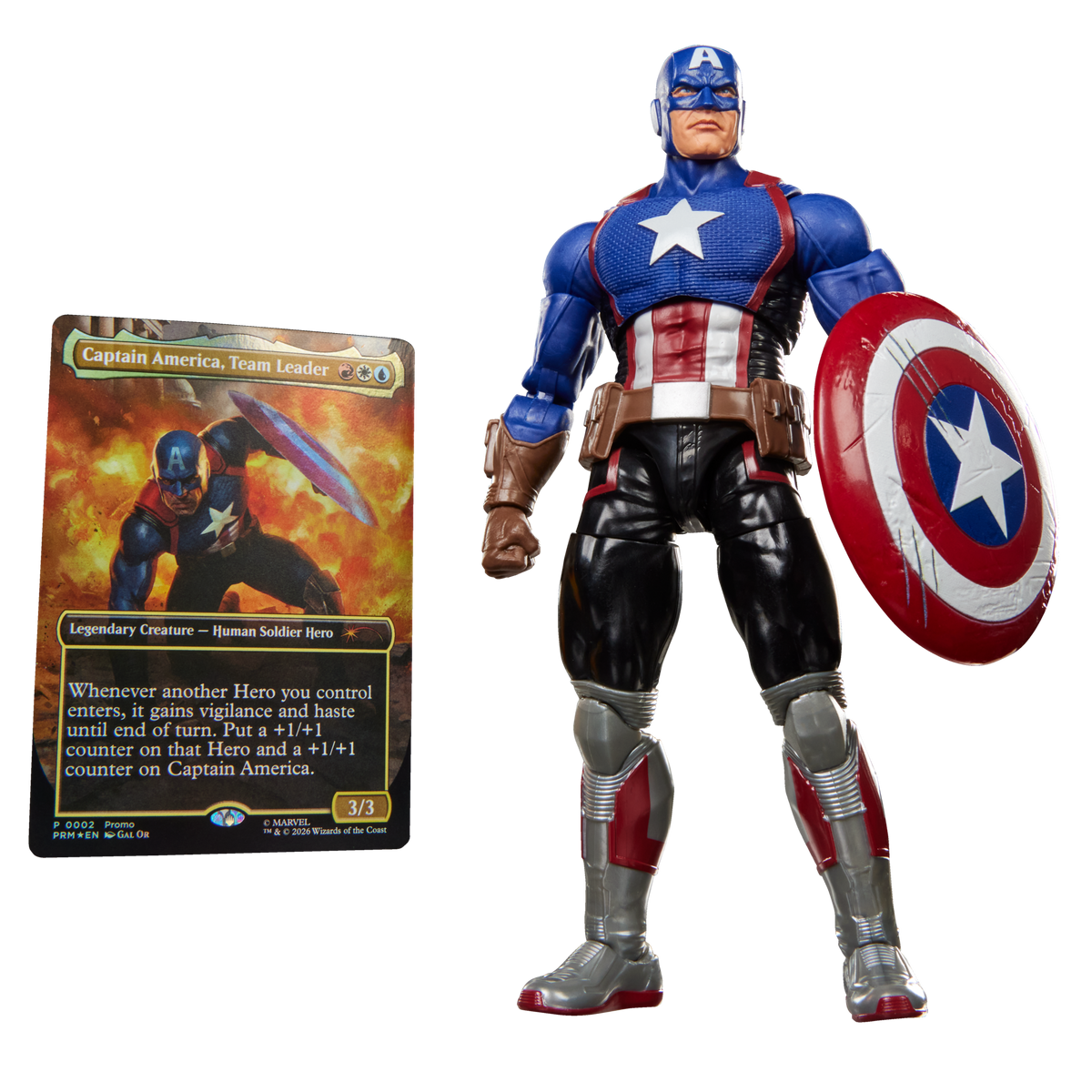 Figura Capitán América Avengers: Twilight Marvel Legends con la carta de Magic Captain America, Team Leader