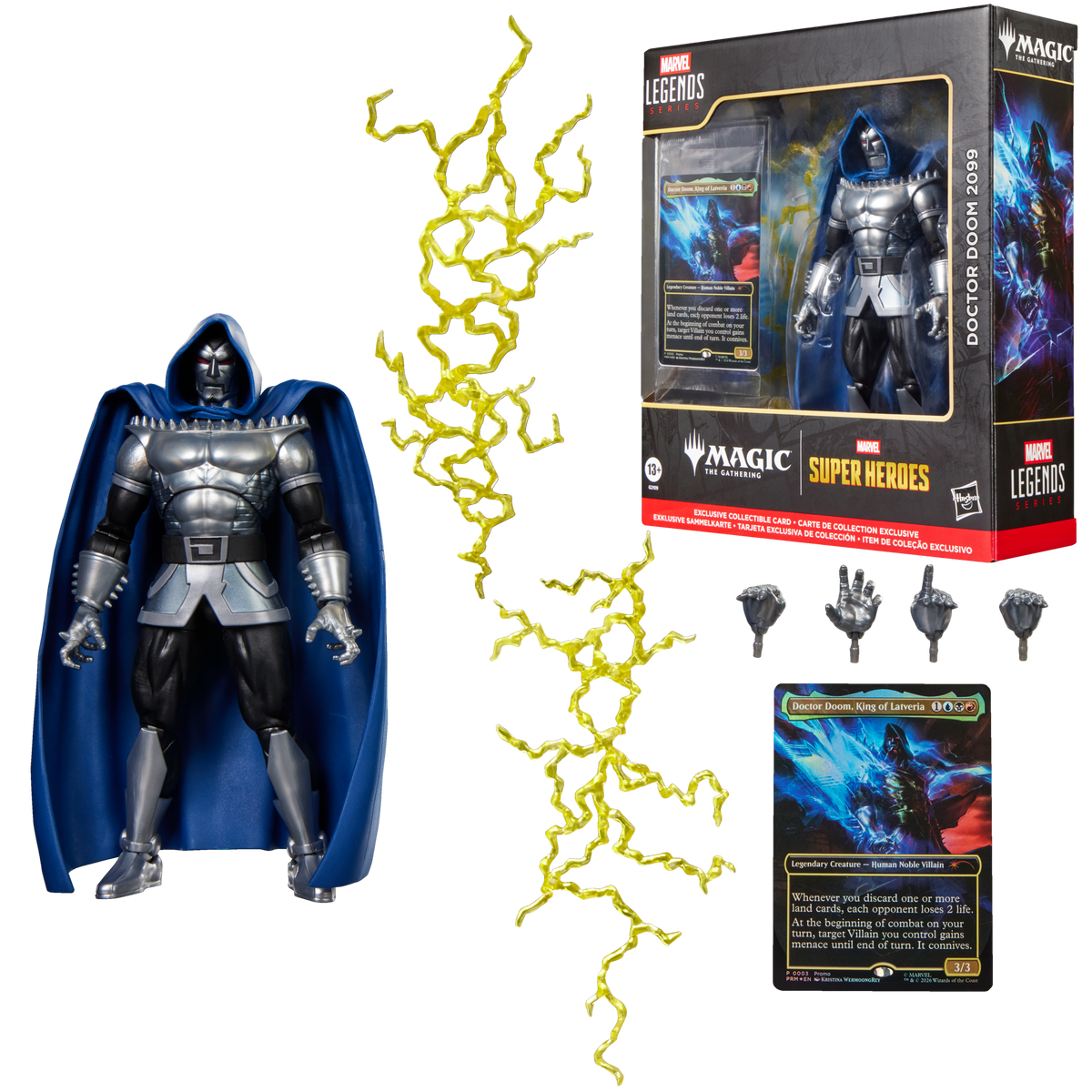 Figura Doctor Doom 2099 Marvel Legends con sus accesorios, la carta y la caja