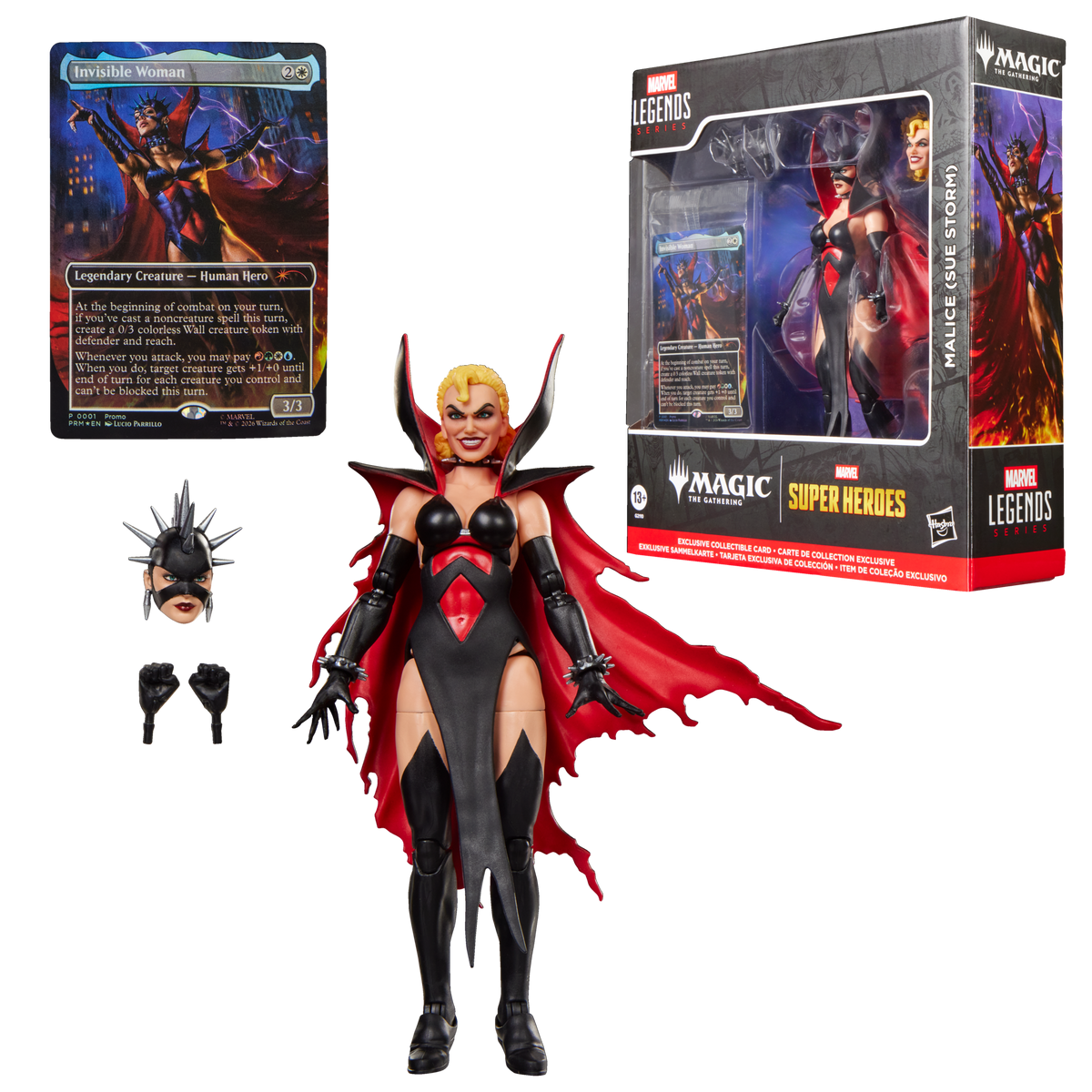 Figura Malice Marvel Legends con sus accesorios, la carta y la caja
