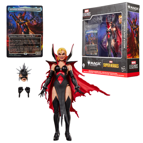 Figura Malice Marvel Legends con sus accesorios, la carta y la caja