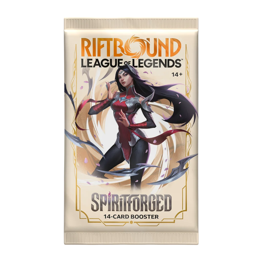 Sobre de 14 cartas de Riftbound Spiritforged con Irelia en la ilustración