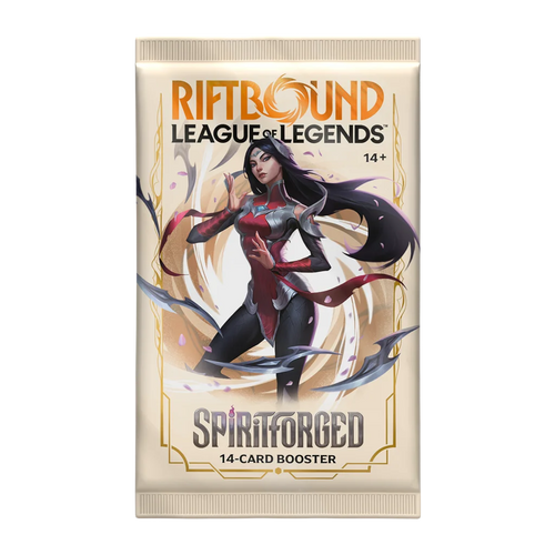 Sobre de 14 cartas de Riftbound Spiritforged con Irelia en la ilustración